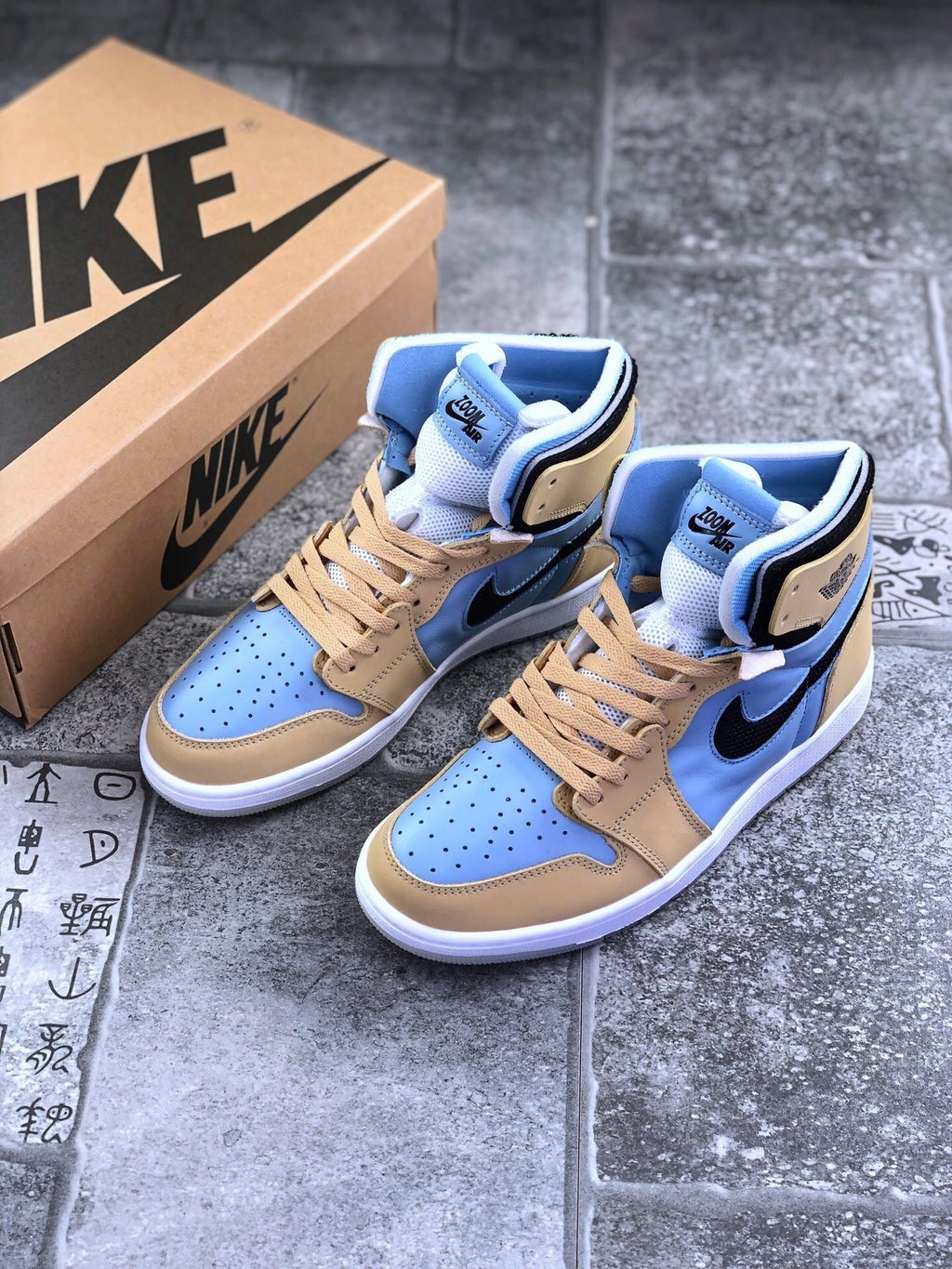 Air Jordan 1 Zoom CMFT Blue Tan Sneakers CT0979-400 - product image from the listing.