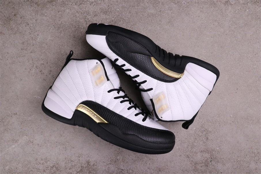 Air Jordan 12 Reverse Flu Game Sneakers White Black Gold - product image from the listing.
