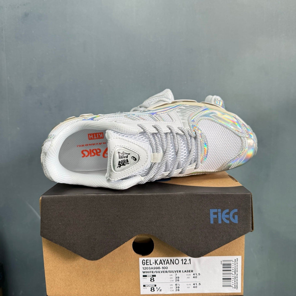 ASICS GEL-KAYANO 12.1 White Silver Laser Trainers - product image from the listing.