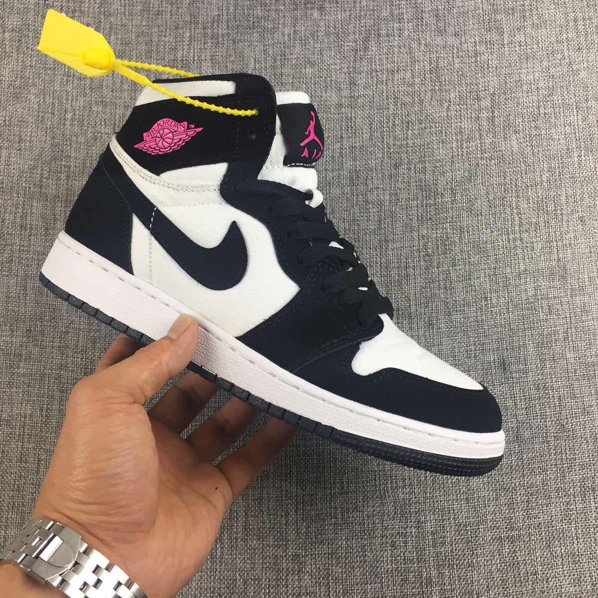Air Jordan 1 High Black White Pink Sneakers - product image from the listing.