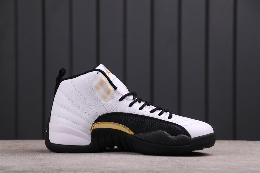 Air Jordan 12 Reverse Flu Game Sneakers White Black Gold - product image from the listing.