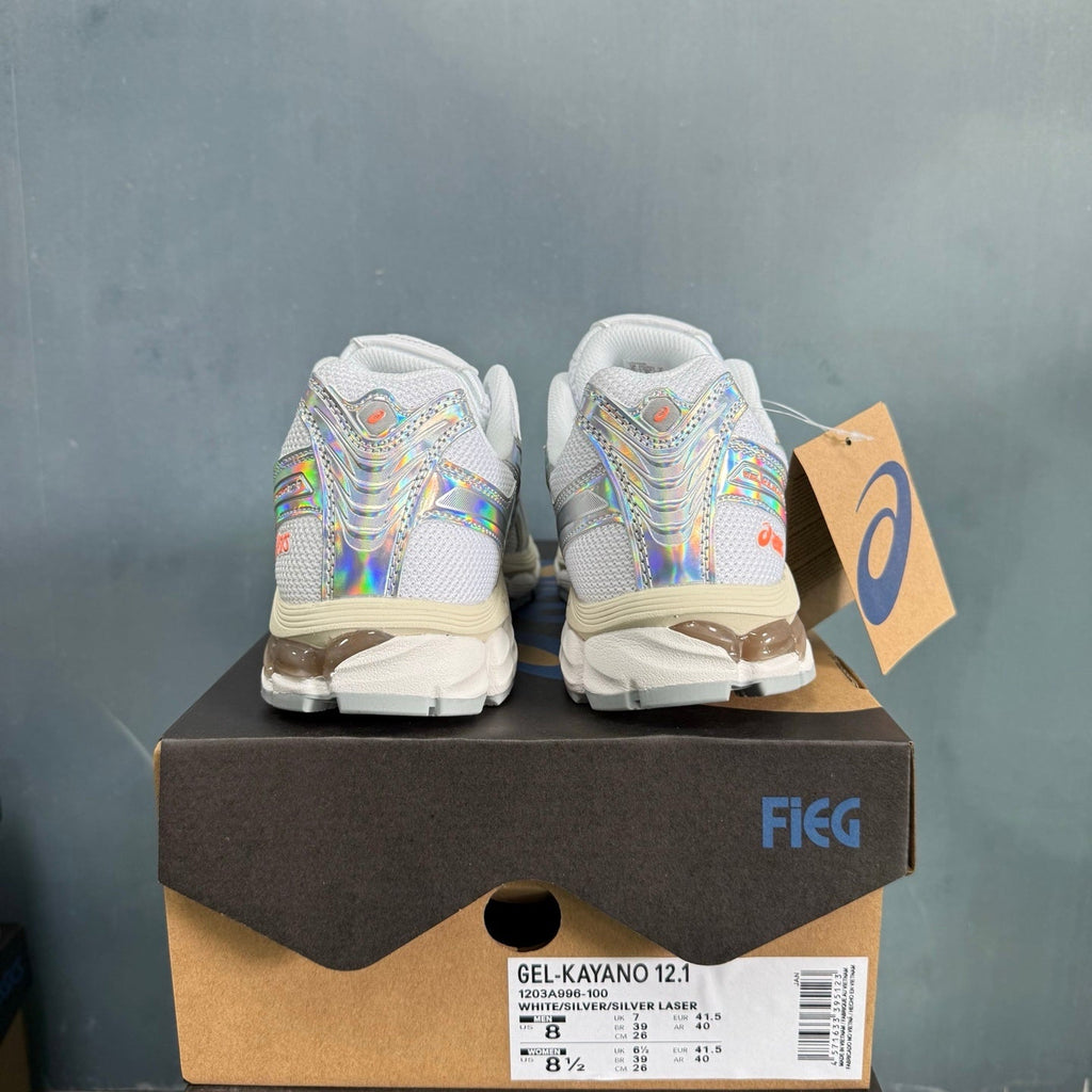 ASICS GEL-KAYANO 12.1 White Silver Laser Trainers - product image from the listing.