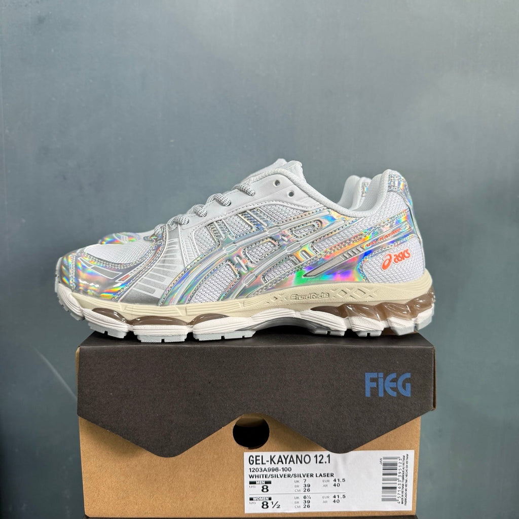 ASICS GEL-KAYANO 12.1 White Silver Laser Trainers - product image from the listing.