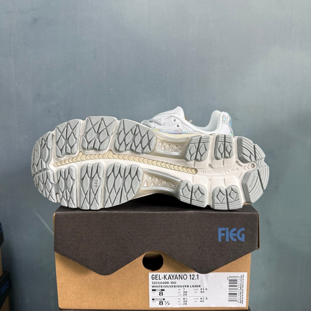 ASICS GEL-KAYANO 12.1 White Silver Laser Trainers - product image from the listing.