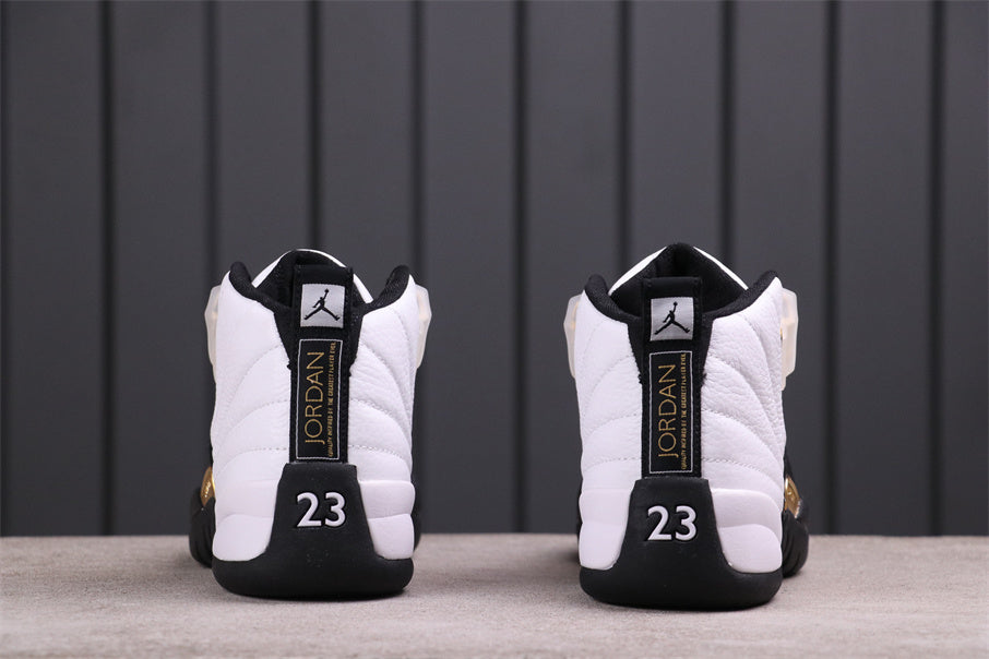 Air Jordan 12 Reverse Flu Game Sneakers White Black Gold - product image from the listing.