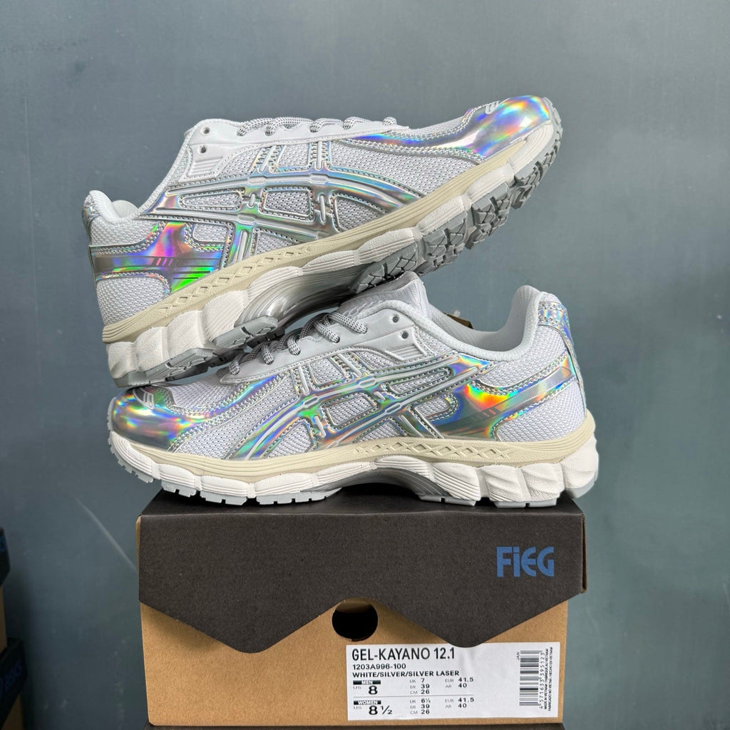 ASICS GEL-KAYANO 12.1 White Silver Laser Trainers - product image from the listing.