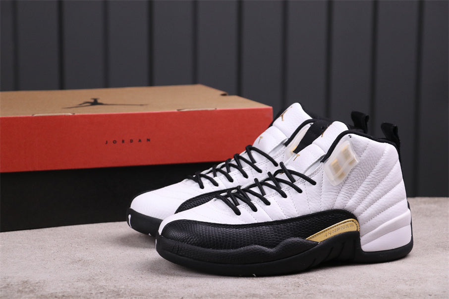 Air Jordan 12 Reverse Flu Game Sneakers White Black Gold - product image from the listing.