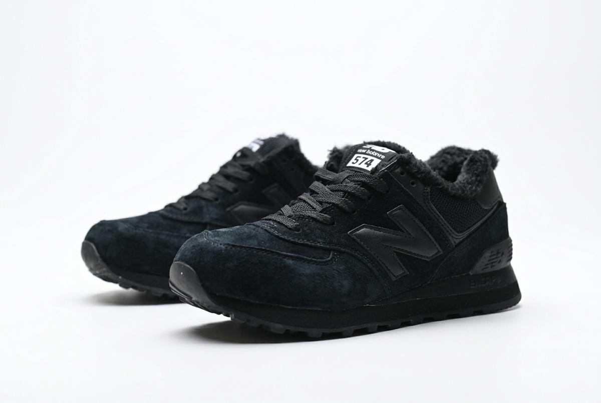 New Balance 574 All-Black Sneakers with Fuzzy Lining