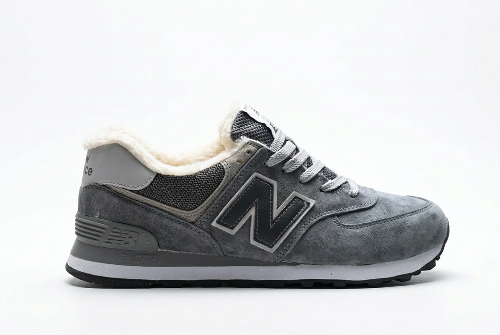 New Balance 574 Grey Sneakers with White Laces & Fuzzy Lining
