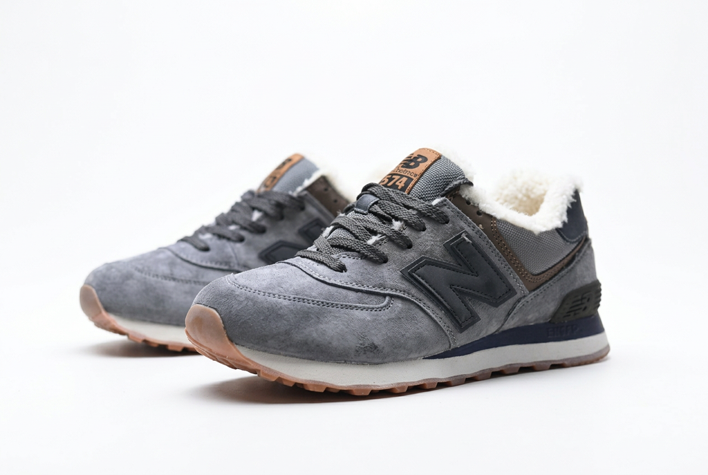 New Balance 574 Grey Sneakers with Fuzzy Lining & Gum Sole