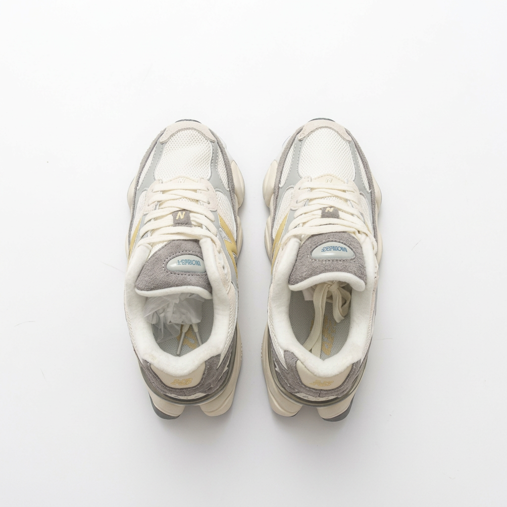 New Balance 9060 Grey & Cream Sneakers with Yellow Accents