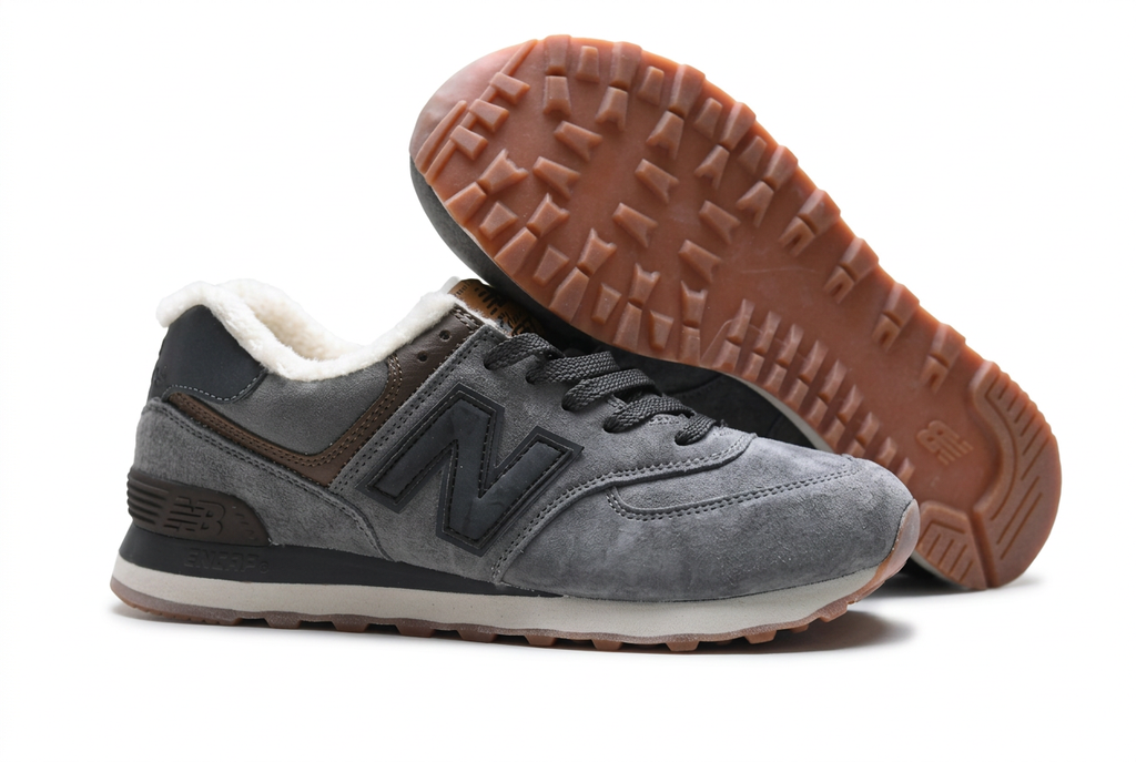 New Balance 574 Grey Sneakers with Fuzzy Lining & Gum Sole