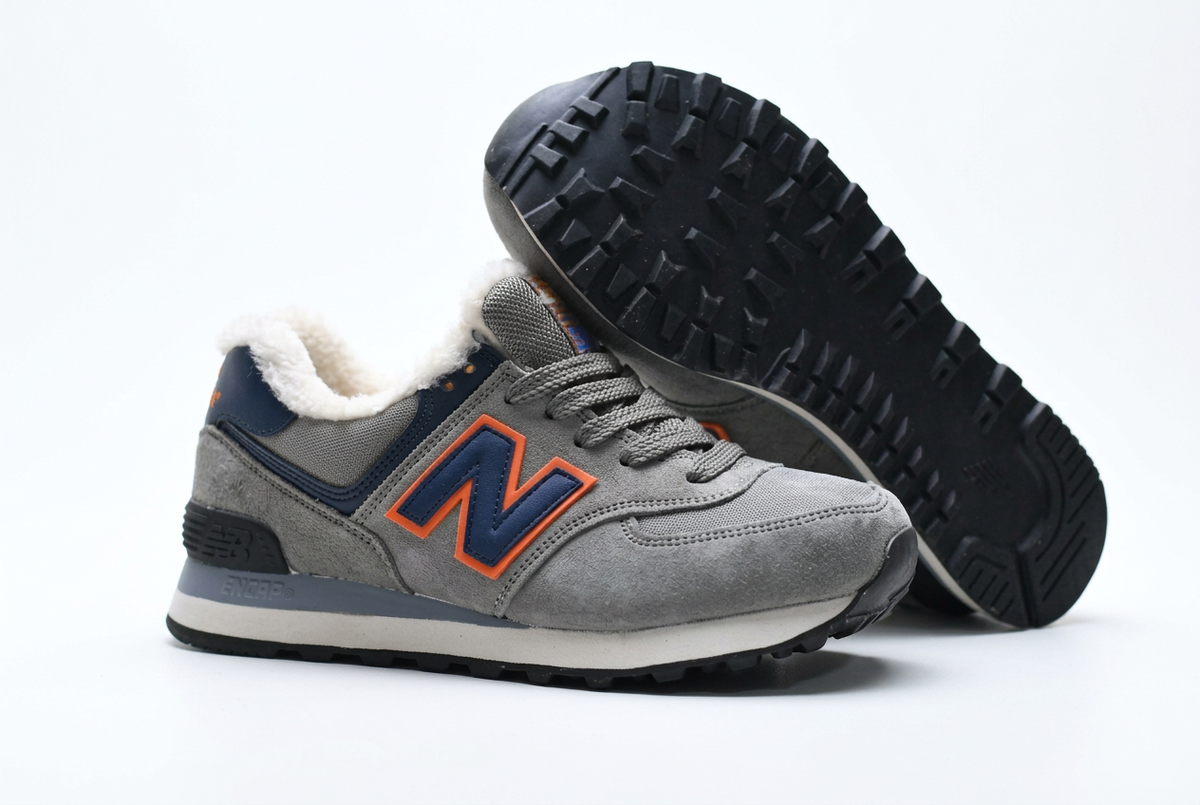 New Balance Grey & Navy Sneakers with Orange Accents and Fuzzy Lining