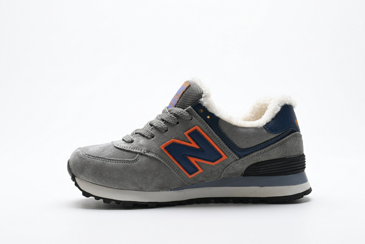 New Balance Grey & Navy Sneakers with Orange Accents and Fuzzy Lining