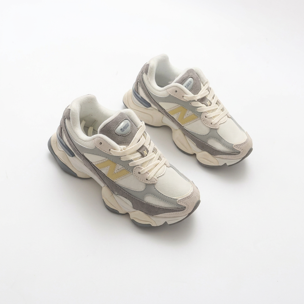New Balance 9060 Grey & Cream Sneakers with Yellow Accents
