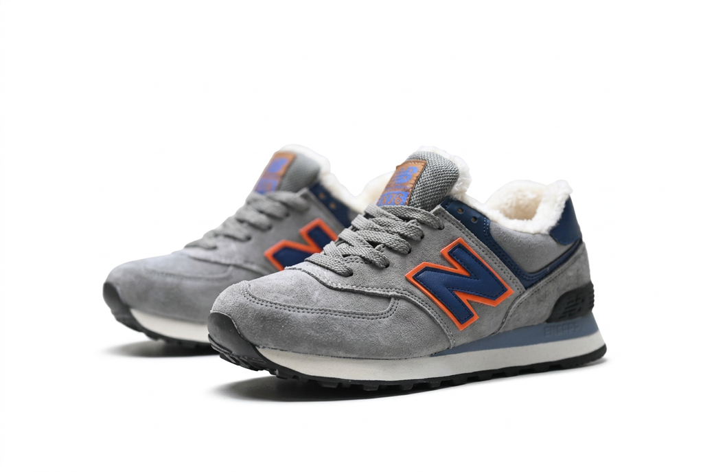 New Balance Grey & Navy Sneakers with Orange Accents and Fuzzy Lining