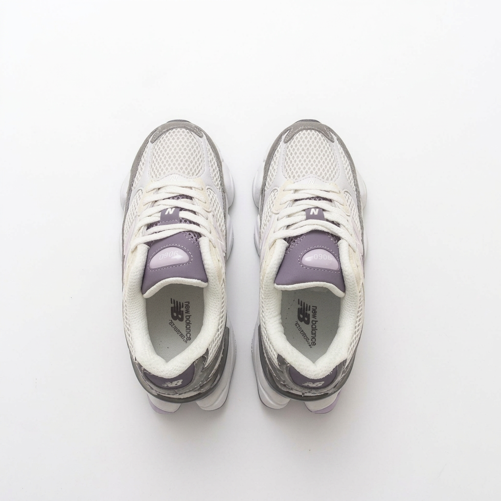 New Balance 9060 White & Grey Sneakers with Lavender Accents