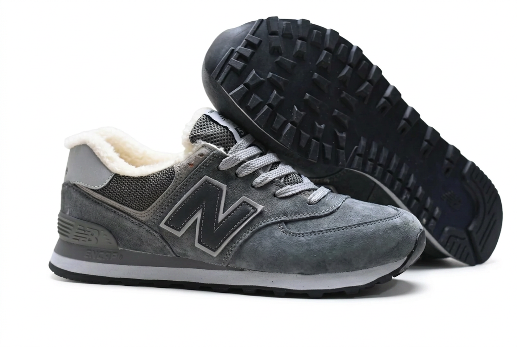 New Balance 574 Grey Sneakers with White Laces & Fuzzy Lining
