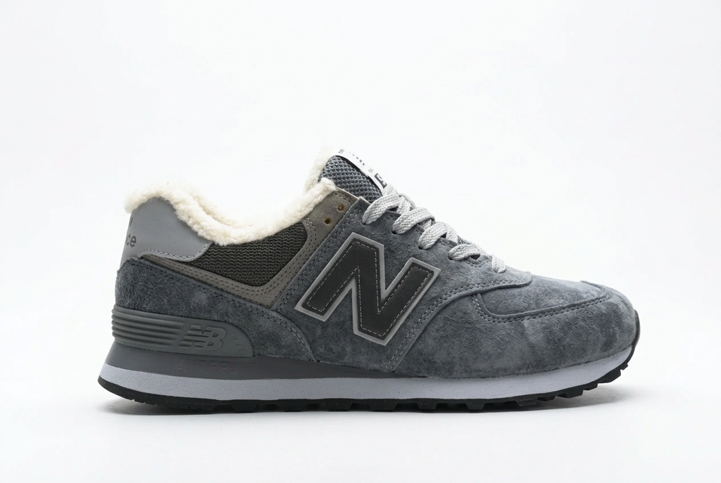 New Balance 574 Grey Sneakers with White Laces & Fuzzy Lining