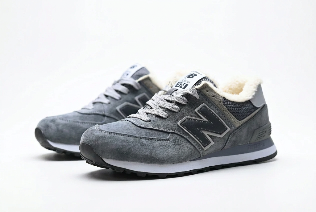 New Balance 574 Grey Sneakers with White Laces & Fuzzy Lining
